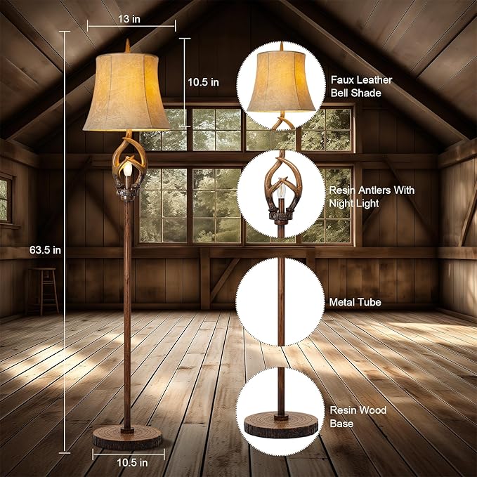 Rustic Farmhouse Antlers Floor Lamp with Night Light Faux leather Bell Shade Brown Finish Tall Industrial Tall Standing Lamp Decor for Living Room Bedroom Hotel Office (LED Bulb Included) - LeafyLoom
