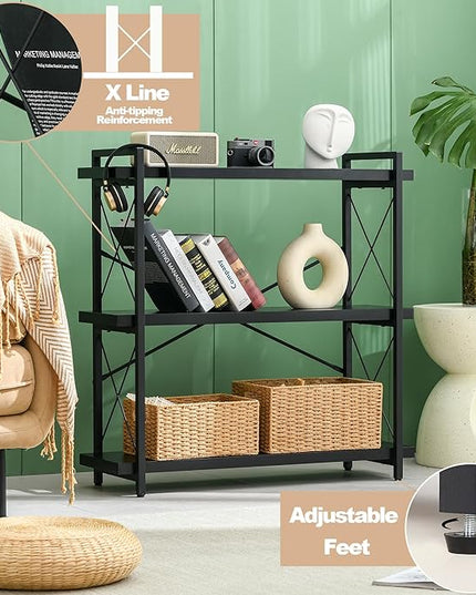HCHQHS Bookshelf, 3-Tier Industrial Bookcase, Black Open Book Shelf, Freestanding Horizontal Bookshelves with Metal Frame - LeafyLoom