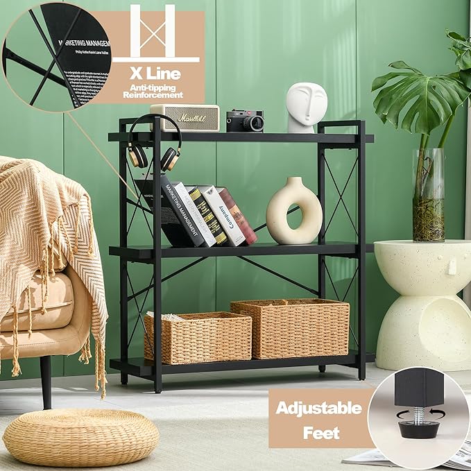 HCHQHS Bookshelf, 3-Tier Industrial Bookcase, Black Open Book Shelf, Freestanding Horizontal Bookshelves with Metal Frame - LeafyLoom