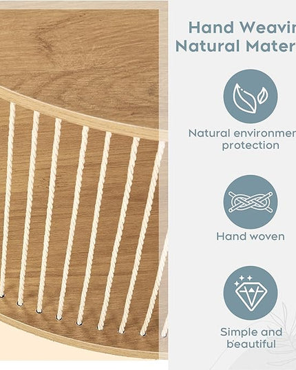 Yechen 3-Piece Boho Coffee Table Set with Hand-Woven Natural Rope, 2 Tier Wooden Round Coffee Table and End Table Sets with Metal Frame, Side Table with Storage for Living Room, Bedroom - LeafyLoom