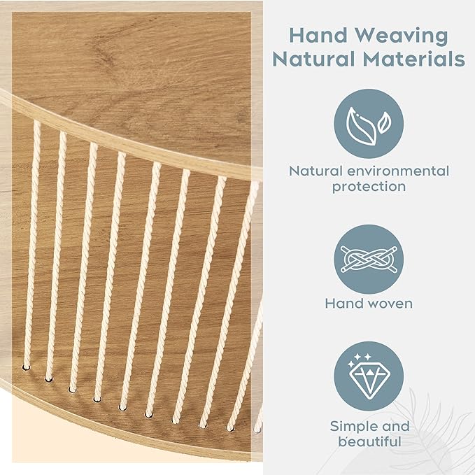 Yechen 3-Piece Boho Coffee Table Set with Hand-Woven Natural Rope, 2 Tier Wooden Round Coffee Table and End Table Sets with Metal Frame, Side Table with Storage for Living Room, Bedroom - LeafyLoom