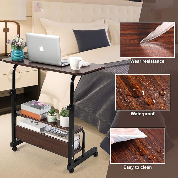 Laptop Table for Work from Home Adjustable Height Student Writing Desk Living Room Bedroom and Other Small Spaces Craft Table with Wheels Rolling Mobile Portable Gaming Desk Brown 31.5x15.7 Inches - LeafyLoom