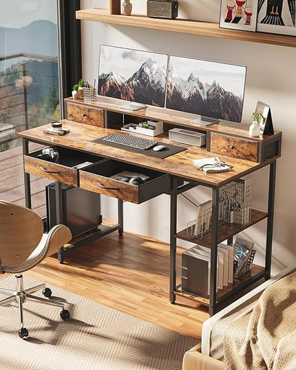 Treesland 55 Inch Computer Desk with Monitor Shelf, 24" Deep, Home Office Desks with Storage, Office Desk with 4 Drawers, Work Desk, Study Writing Desk, Desk with Drawers, Brown - LeafyLoom