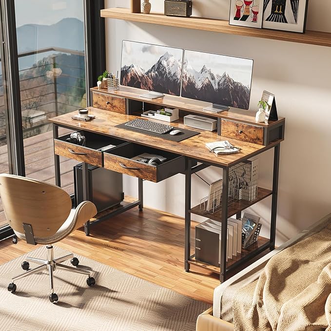 Treesland 55 Inch Computer Desk with Monitor Shelf, 24" Deep, Home Office Desks with Storage, Office Desk with 4 Drawers, Work Desk, Study Writing Desk, Desk with Drawers, Brown - LeafyLoom