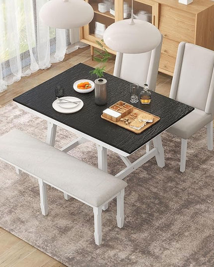 RITSU SONGG Farmhouse 6-Piece Dining Set, Included Solid Wood Rectangular Extendable Table with Two 12" W Removable Leaves and 4 Upholstered Chairs & a Bench, Home Kitchen Furniture, White+Black - LeafyLoom
