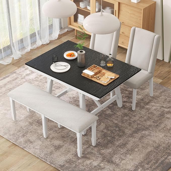 RITSU SONGG Farmhouse 6-Piece Dining Set, Included Solid Wood Rectangular Extendable Table with Two 12" W Removable Leaves and 4 Upholstered Chairs & a Bench, Home Kitchen Furniture, White+Black - LeafyLoom