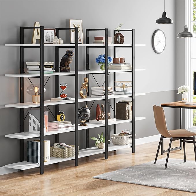 Tribesigns 5-Tier Bookshelf, Vintage Industrial Style Bookcase 72 H x 12 W x 47L Inches, White - LeafyLoom