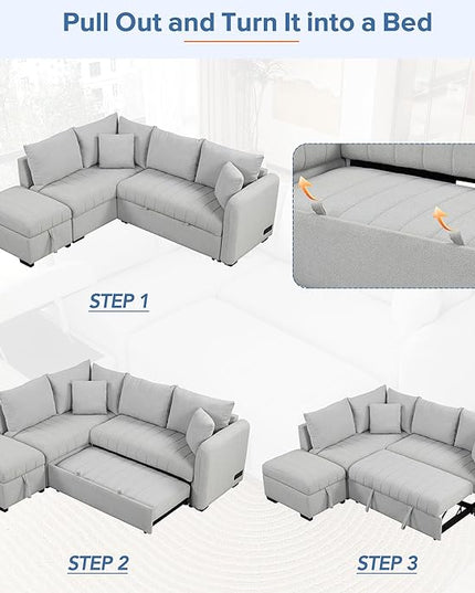 82" L-shaped Sectional Sleeper Sofa with Chaise,Pull Out Bed for Living Room Furniture Sets, 2 USB Ports, Power Sockets and Movable Storage Ottoman, Gray Upholstery - LeafyLoom