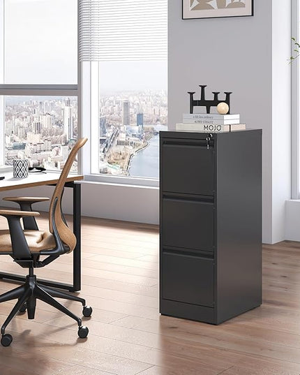 3 Drawer File Cabinet with Lock, Metal Vertical Filing Cabinets for Home Office, Steel Storage Cabinet for Hanging Legal/Letter Size Files, Assembly Required (Black) - LeafyLoom