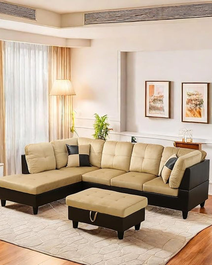 L Shaped Sofa with Ottoman Modern Sectional Living Room, Bedroom, Office, L Couch Ginger Leather - LeafyLoom