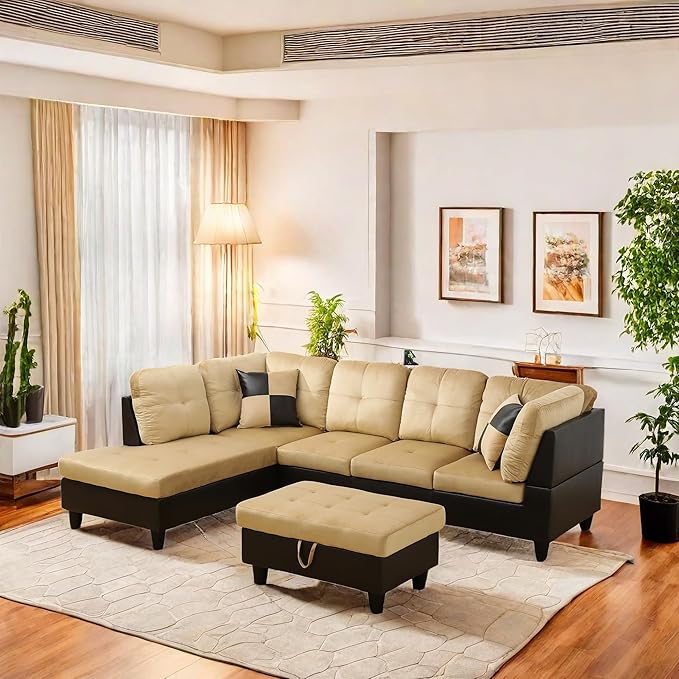 L Shaped Sofa with Ottoman Modern Sectional Living Room, Bedroom, Office, L Couch Ginger Leather - LeafyLoom