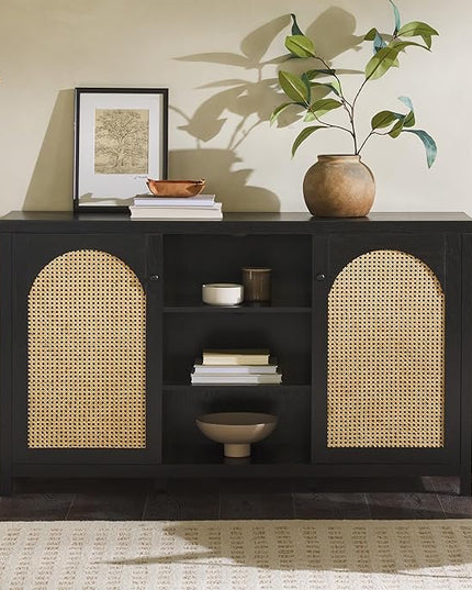 Walker Edison Boho Arched Rattan 2-Door Sideboard, 58 Inch, Black - LeafyLoom