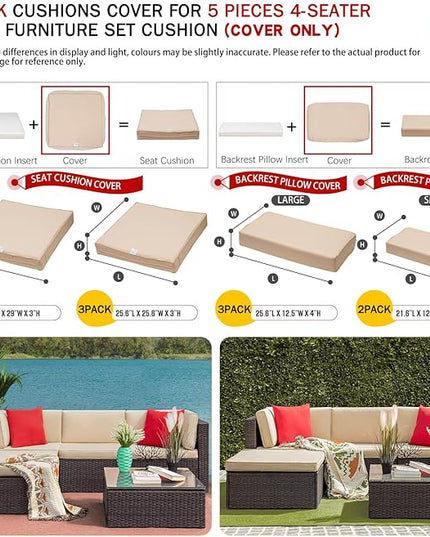 ClawsCover 9Pack Outdoor Seat and Back Cushions Replacement Covers Fit for 5 Pieces 4-Seater Wicker Rattan Furniture Patio Conversation Set Sectional Couch,Light Khaki-Include Cover Only (Large) - LeafyLoom