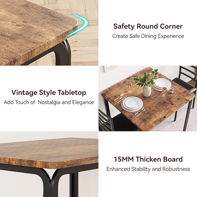 IDEALHOUSE Dining Table for 2, Small Table and Chairs Set of 2, Dinette Set for 2, Square Dinner Table Set, 3 Piece Kitchen & Dining Room Sets for Small Space, Apartment, Home Office, Rustic Brown - LeafyLoom