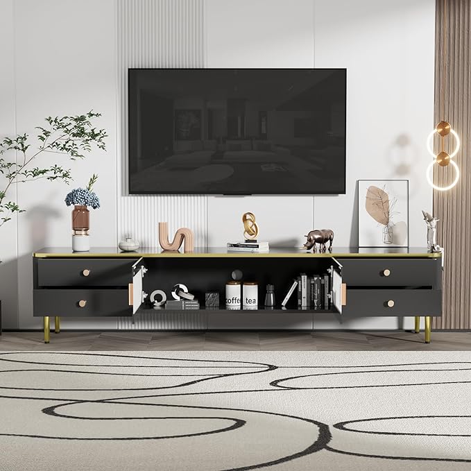 Merax TV Stand for Televisions up to 65+ Inch, Modern Entertainment Center with Storage for Living Room, Bedroom Media Console Table Cabinet Furniture, 74" Long, Black - LeafyLoom