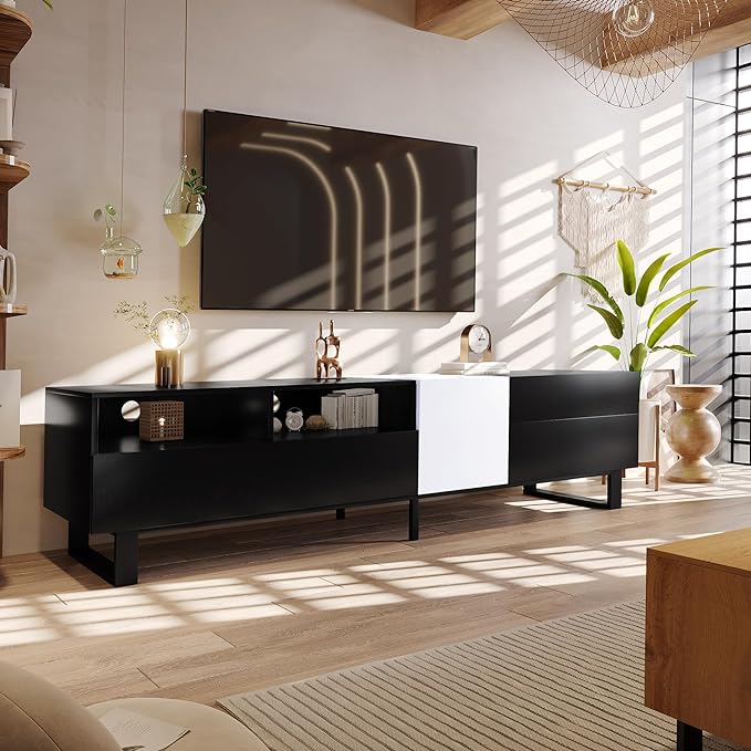 TV Stand with Double Storage Space for TVs up to 80'', Modern TV Console with Drop Down Door, Entertainment Center for Living Room, Bedroom and Home Theatre, Black+White - LeafyLoom