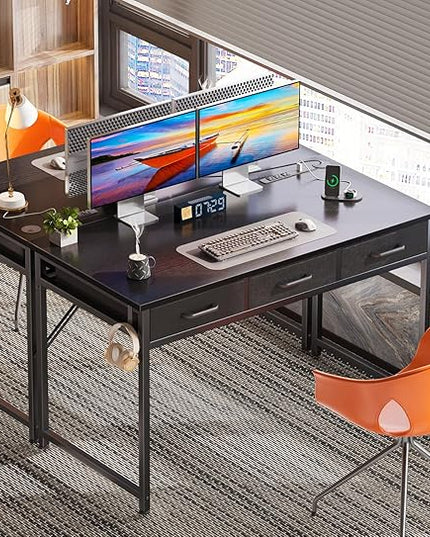 AODK 48 Inch Computer Desk with 3 Fabric Drawers, Office Desk with USB/Type-C Charging Ports & Power Outlets, Vanity Desk with Iron Hook for Bedroom, Study/Writing/Work Table for Bedroom, Black - LeafyLoom