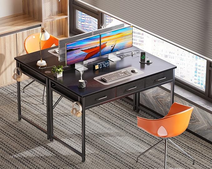 AODK 48 Inch Computer Desk with 3 Fabric Drawers, Office Desk with USB/Type-C Charging Ports & Power Outlets, Vanity Desk with Iron Hook for Bedroom, Study/Writing/Work Table for Bedroom, Black - LeafyLoom