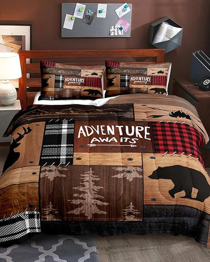 LUVIVIHOME 3PCS Rustic Cabin Comforter Set Queen Size, Farmhouse Bedding, Black Bear Deer Elk Moose Forest Animal Wildlife Hunting Country Brown Patchwork White Red Plaid Lodge Quilt, 2 Pillow Shams - LeafyLoom