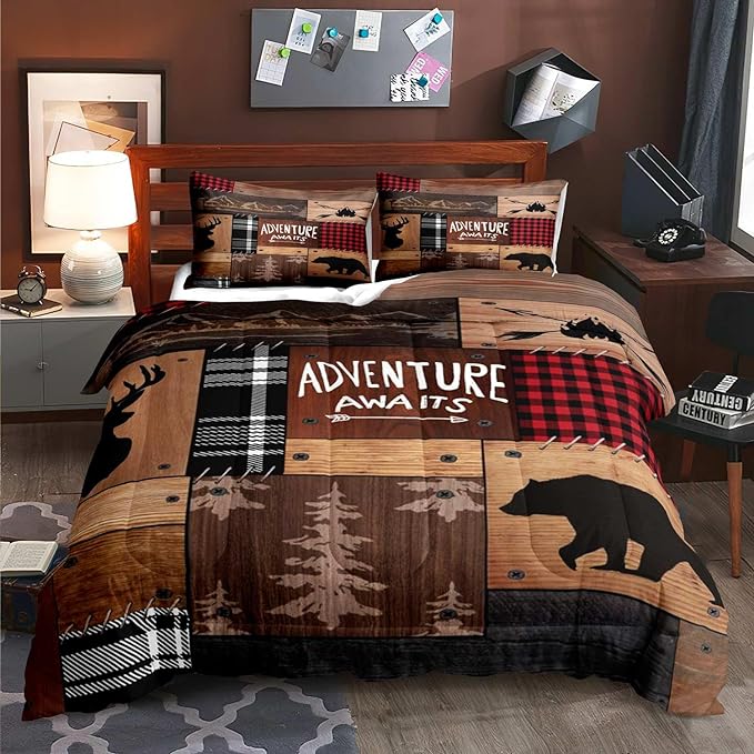 LUVIVIHOME 3PCS Rustic Cabin Comforter Set Queen Size, Farmhouse Bedding, Black Bear Deer Elk Moose Forest Animal Wildlife Hunting Country Brown Patchwork White Red Plaid Lodge Quilt, 2 Pillow Shams - LeafyLoom