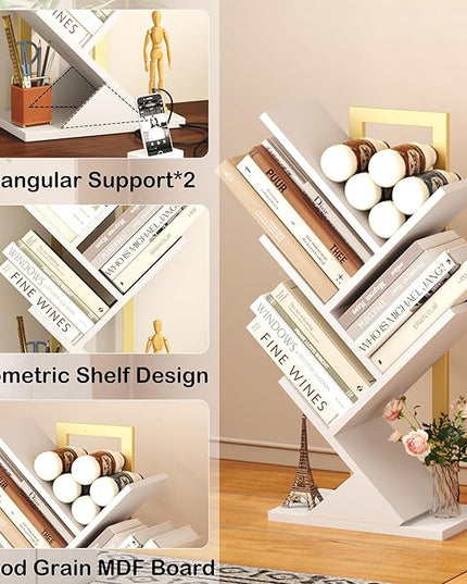 Yusong Tree Bookshelf, 5-Tier Small Bookcase with Metal Frame, Geometric Floor Standing Books Shelves Wooden Shelf for Office Desk Bedroom Tabletop Living Room White - LeafyLoom
