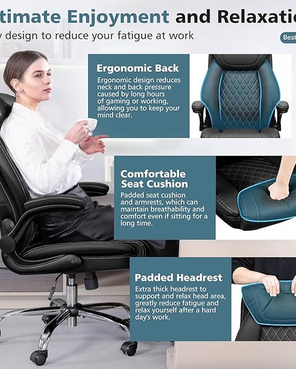 Office Chair, Ergonomic High Back Home Office Desk Chair, Big and Tall Breathable Leather Office Chair with Lumbar Support Flip-Up Armrests, Computer Chair with Rocking Function - LeafyLoom