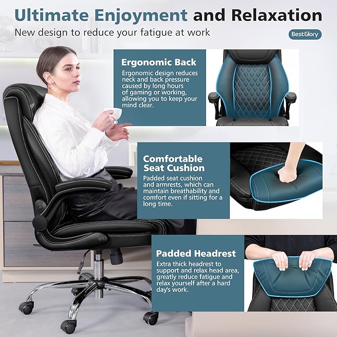Office Chair, Ergonomic High Back Home Office Desk Chair, Big and Tall Breathable Leather Office Chair with Lumbar Support Flip-Up Armrests, Computer Chair with Rocking Function - LeafyLoom