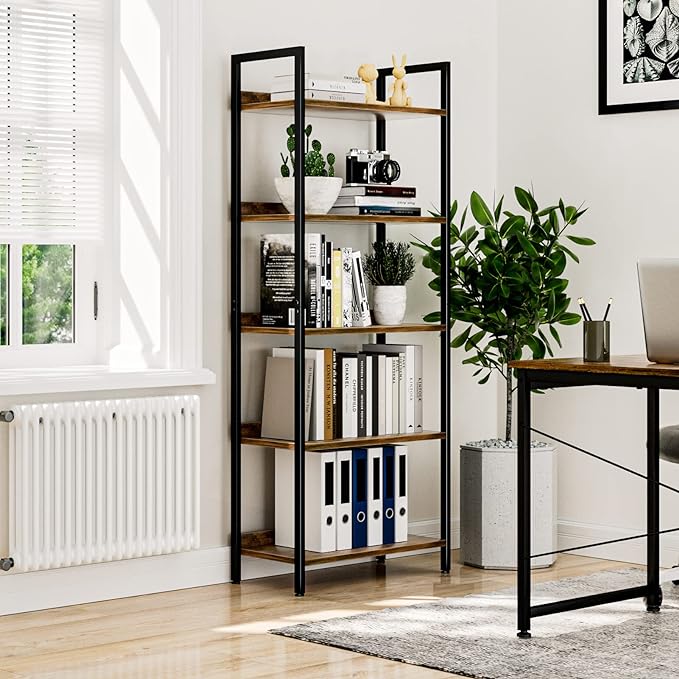 NUMENN Bookshelf, 5 Tier Bookshelves, Home Office Bookcase Shelf Storage Organizer, Free Standing Storage Shelving Unit for Bedroom, Living Room and Home Office, Vintage - LeafyLoom