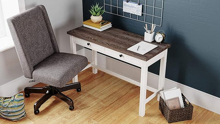 Signature Design by Ashley Dorrinson Modern Farmhouse 47" Home Office Desk with 2 Drawers, Whitewash & Dorrinson Square Modern Farmhouse End Table, Two Tone White & Brown - LeafyLoom