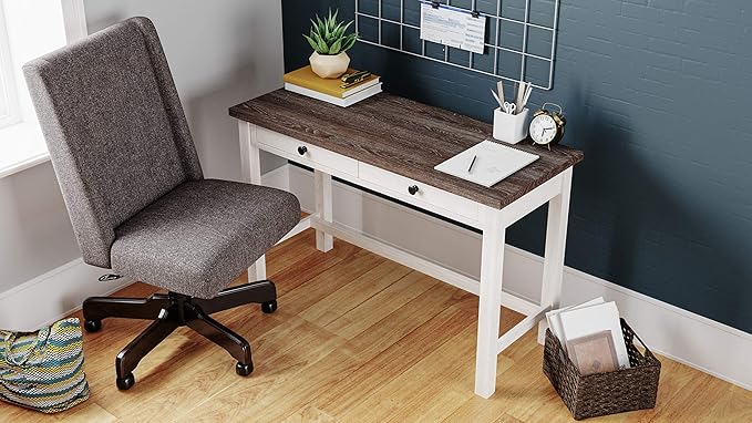 Signature Design by Ashley Dorrinson Modern Farmhouse 47" Home Office Desk with 2 Drawers, Whitewash & Dorrinson Square Modern Farmhouse End Table, Two Tone White & Brown - LeafyLoom