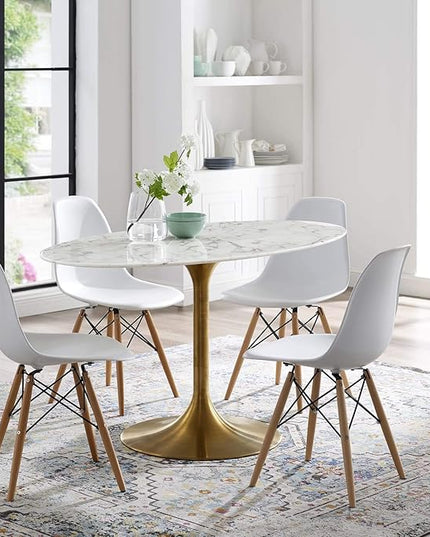 Modway Lippa 54" Oval-Shaped Mid-Century Modern Dining Table with Artificial Marble Top and Gold Base - LeafyLoom