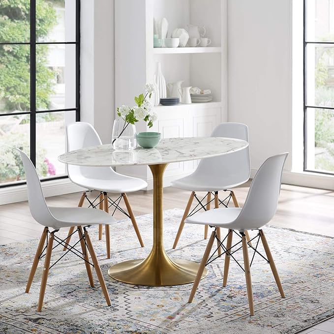 Modway Lippa 54" Oval-Shaped Mid-Century Modern Dining Table with Artificial Marble Top and Gold Base - LeafyLoom
