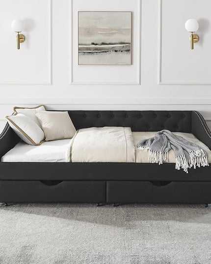 Full Size Daybed with Two Storage Drawers, Linen Upholstered Tufted Sofa Bed w/Button on Back and Copper Nail on Waved Shape Arms, for Bedroom Living Room, No Box Spring Needed, Black - LeafyLoom