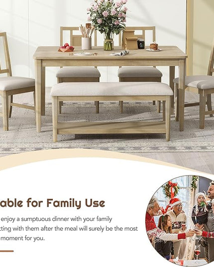 6-Piece Retro Dining Set, Minimalist Rectangular Table and 4 Upholstered Chairs & 1 Bench with a Shelf for Kitchen Living Room, Natural Wood Wash, 60" L x 43" W x 30" H - LeafyLoom