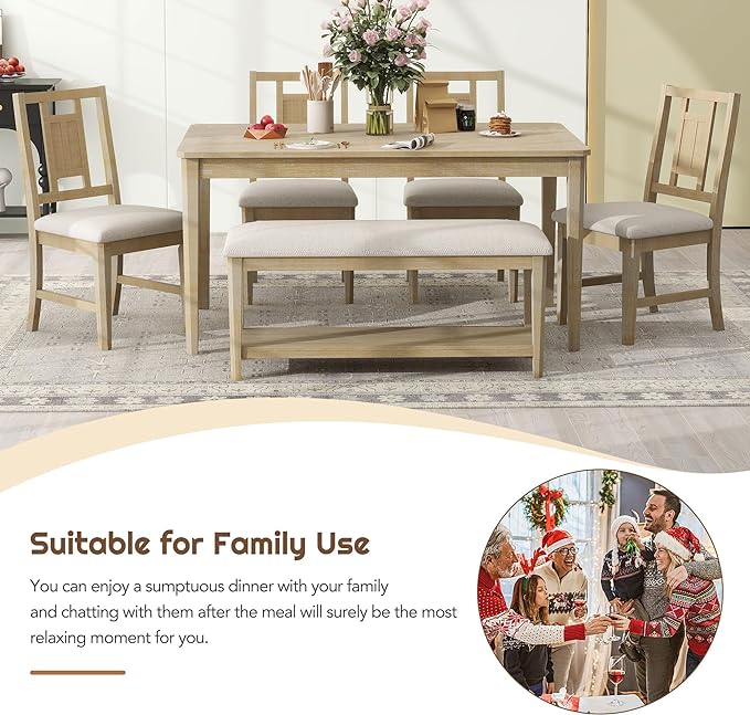 6-Piece Retro Dining Set, Minimalist Rectangular Table and 4 Upholstered Chairs & 1 Bench with a Shelf for Kitchen Living Room, Natural Wood Wash, 60" L x 43" W x 30" H - LeafyLoom