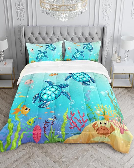 Turtle Comforter Set Full Ocean Watercolor Sea Turtle Bedding Set Nautical Sea Animal Reptile Bed Set with 2 Pillowcases for Kids Room Decor - LeafyLoom