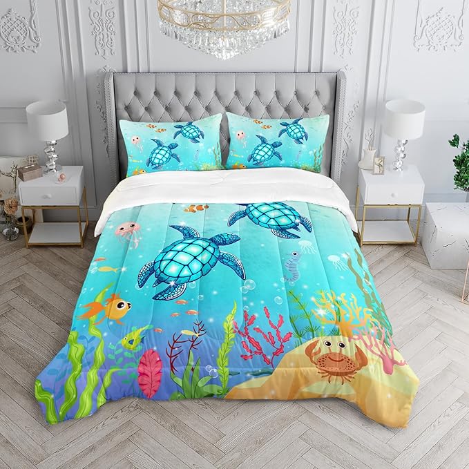 Turtle Comforter Set Twin Ocean Watercolor Sea Turtle Bedding Set Nautical Sea Animal Reptile Bed Set with 2 Pillowcases for Kids Room Decor - LeafyLoom
