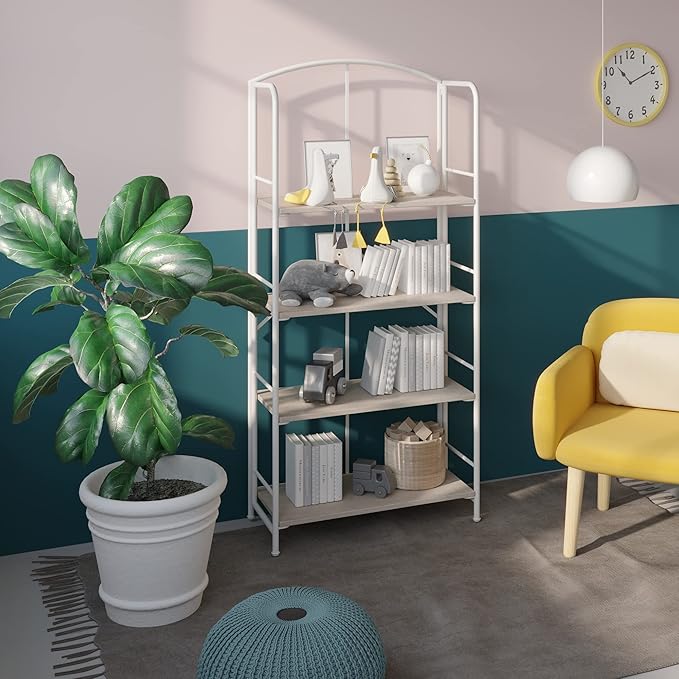 No Assembly Folding Bookshelf, Metal Book Shelf for Storage, Folding Bookcase for Office Organization and Storage (White, 4 Tiers) - LeafyLoom
