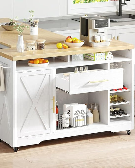 YITAHOME 53 Inch Large Kitchen Island with Power Outlet & Wine Storage, Portable Rolling Islands Cabinet on Wheels Farmhouse w Thick Table Top Drawer Glass Holder Spice Rack, White & Oak - LeafyLoom