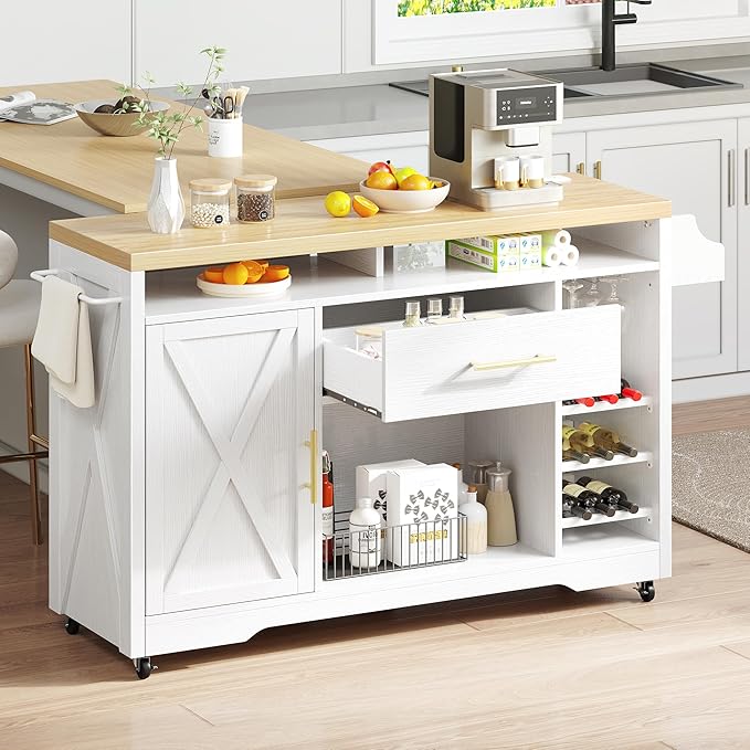 YITAHOME 53 Inch Large Kitchen Island with Power Outlet & Wine Storage, Portable Rolling Islands Cabinet on Wheels Farmhouse w Thick Table Top Drawer Glass Holder Spice Rack, White & Oak - LeafyLoom