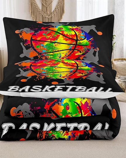 NINENINE Black Basketball Comforter Set for Boys Kids Teens Twin Size Sports Bedding Watercolor Tie-dye Comforter Color Graffiti Hip Hop Style Bed Set with 1 Comforter 1 Pillowcase - LeafyLoom