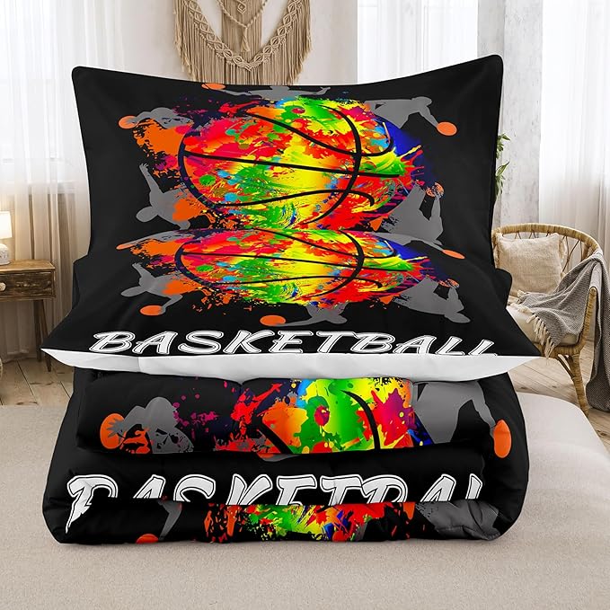 NINENINE Black Basketball Comforter Set for Boys Kids Teens Twin Size Sports Bedding Watercolor Tie-dye Comforter Color Graffiti Hip Hop Style Bed Set with 1 Comforter 1 Pillowcase - LeafyLoom