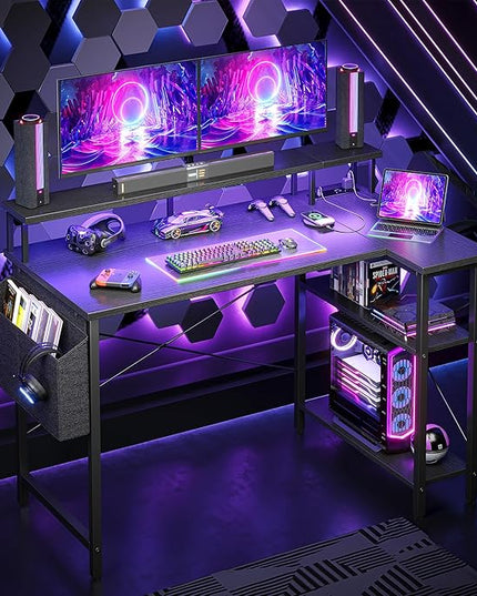 L Shaped Gaming Desk with Power Outlets, 47 Inch Computer Desk with LED Lights and Reversible Shelves, Corner Desk Work Desk for Home Office Bedroom, Black - LeafyLoom