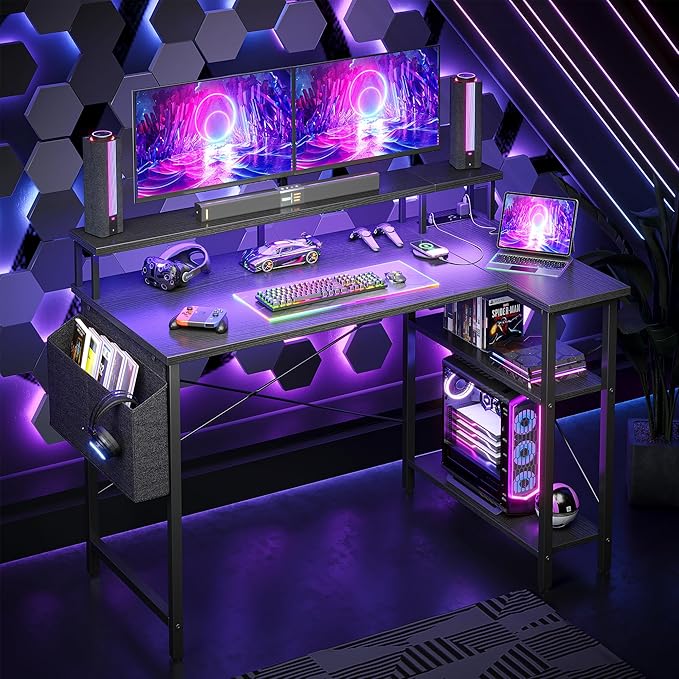 L Shaped Gaming Desk with Power Outlets, 47 Inch Computer Desk with LED Lights and Reversible Shelves, Corner Desk Work Desk for Home Office Bedroom, Black - LeafyLoom