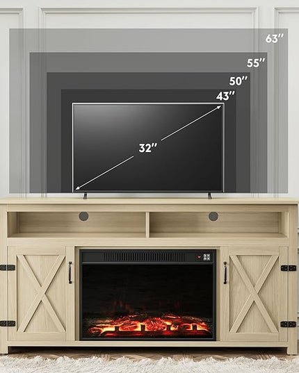 YESHOMY Fireplace TV Stand for Television up to 65+ Inch with Storage and Farmhouse Barn Doors, Entertainment Center with Cabinet and Shelves, Media Console for Living Room, Oak - LeafyLoom