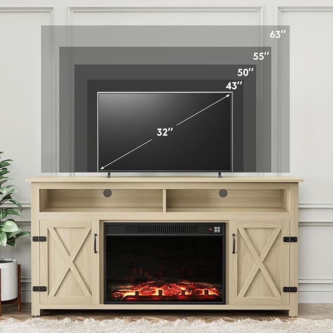 YESHOMY Fireplace TV Stand for Television up to 65+ Inch with Storage and Farmhouse Barn Doors, Entertainment Center with Cabinet and Shelves, Media Console for Living Room, Oak - LeafyLoom