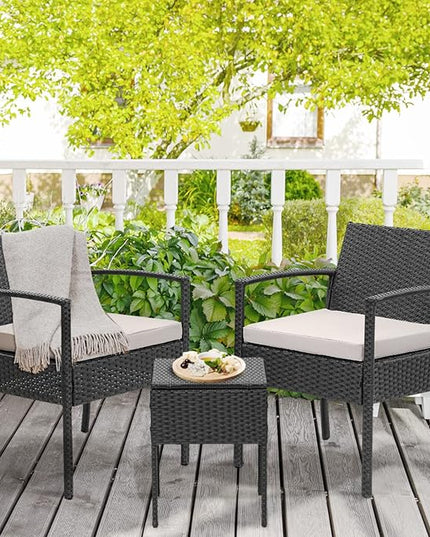 3 Pieces Patio Furniture Set, Balcony Furniture, Patio Bistro Set All-Weather Wicker Chairs Conversation Set with Cushions Table for Outdoor Backyard Porch Lawn (Black-Grey) - LeafyLoom