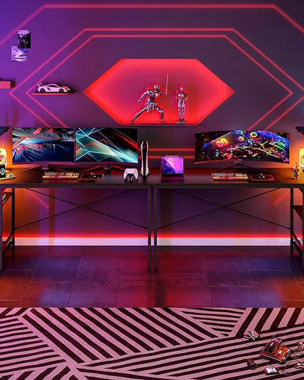 Bestier Gaming Desk with Shelves, 61 Inch Large PC Gaming Table with LED Lights, Led Gamer Desk with 4 Tiers Reversible Storage Shelves for Game & Bedroom Room (Black Grained) - LeafyLoom