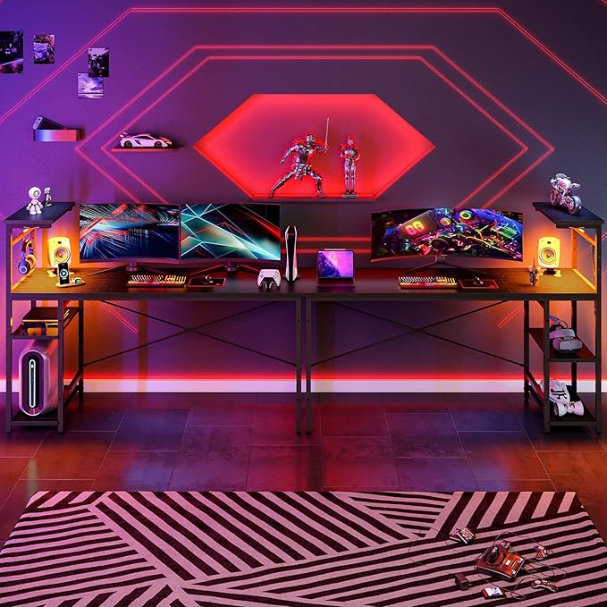 Bestier Gaming Desk with Shelves, 61 Inch Large PC Gaming Table with LED Lights, Led Gamer Desk with 4 Tiers Reversible Storage Shelves for Game & Bedroom Room (Black Grained) - LeafyLoom