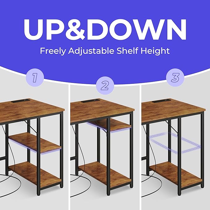 JOISCOPE 40 x 24 Inch Small Gaming Computer Desk with Table Power Outlets,Home Office Small Desk with Storage Shelves and USB & Type-C Outlet,Morden Simple Writing Table,Vintage Oak Finish - LeafyLoom